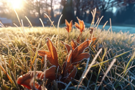 morning frost on grass with autumn leaves scattered around, created with generative aiの素材