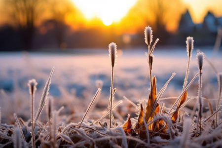 frost-covered grass with a bokeh background of rising sun, created with generative aiの素材