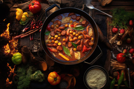 overhead view of open fire jambalaya cooking scene, created with generative aiの素材