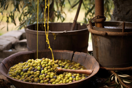 close-up of olives being pressed for oil extraction, created with generative aiの素材