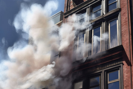 smoke billowing from a window in a city building, contrasting with clear sky, created with generative aiの素材