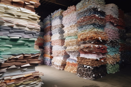 close-up of paper sheets stacked in a warehouse, created with generative aiの素材