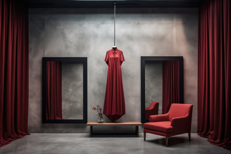red dress hanging amidst minimalist store decor, created with generative aiの素材