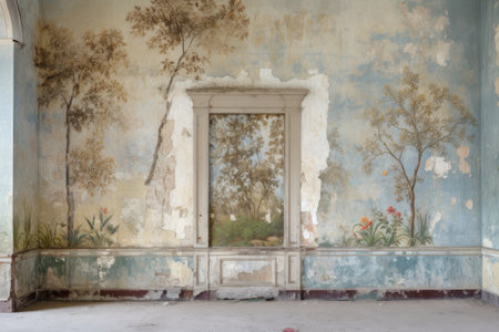 old mural with half restored and half faded artwork, created with generative aiの素材
