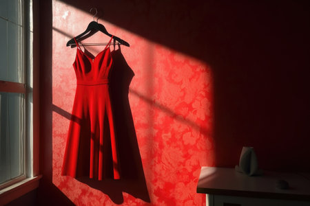 red dress on hanger casting dramatic shadow on the wall, created with generative aiの素材