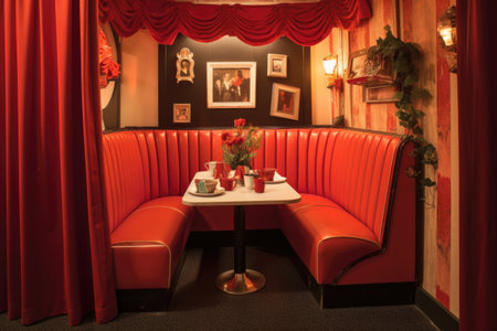 1950s style diner booth with nostalgic decorations, created with generative aiの素材