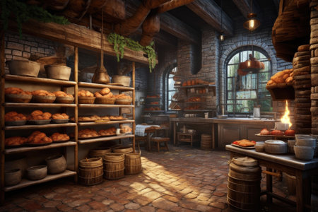 rustic bakery with brick oven background, created with generative aiの素材