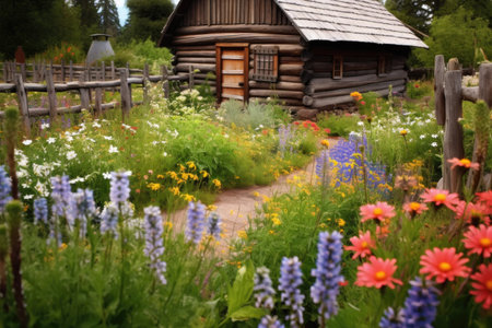 log cabin garden with colorful wildflowers, created with generative aiの素材