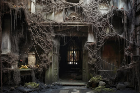 creepy cobwebs covering a haunted house entrance, created with generative aiの素材