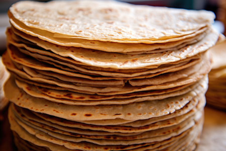 close-up of a neatly stacked pile of fresh tortillas, created with generative aiの素材