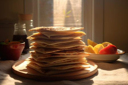 morning sunlight illuminating tortilla stack, created with generative aiの素材