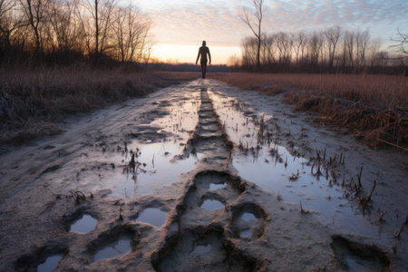 trail of footprints leading towards a zombie figure, created with generative aiの素材