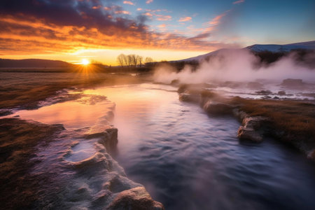 steam rising from a geothermal river at sunrise, created with generative aiの素材