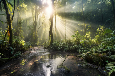 misty morning in dense rainforest with sun rays peeking through, created with generative aiの素材