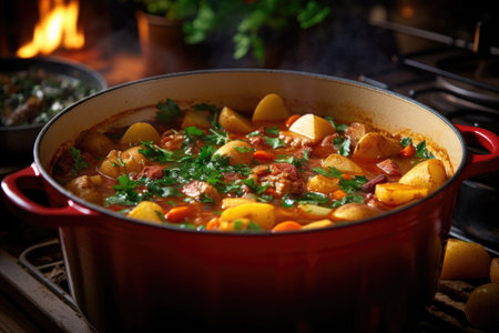 close-up of simmering stew in a cast-iron pot, created with generative aiの素材