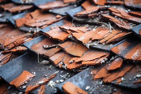 close-up of cracked roof tiles after storm, created with generative aiの素材