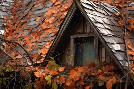 close-up of broken roof shingles and debris, created with generative aiの素材