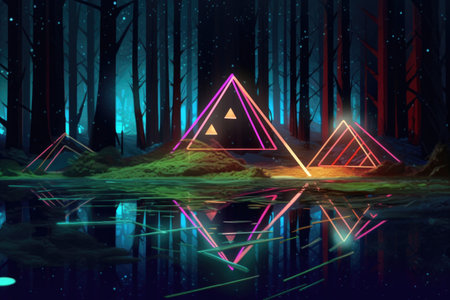 floating neon geometric shapes in dark forest, created with generative aiの素材