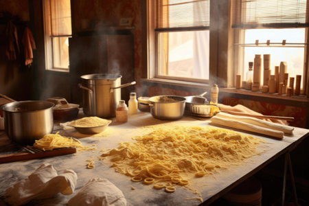 flour-dusted work surface with pasta in progress, created with generative aiの素材