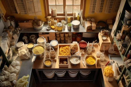 overhead shot of pasta-making workspace, created with generative aiの素材