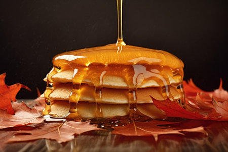 maple syrup drizzling over a stack of pancakes, created with generative aiの素材