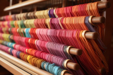 colorful silk threads on a vintage wooden loom, created with generative aiの素材