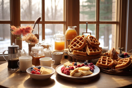 waffles displayed at a cozy breakfast setting, created with generative aiの素材