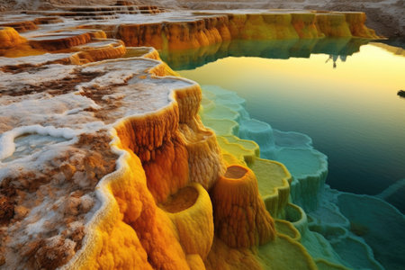 vibrant mineral deposits surrounding a geothermal pool, created with generative aiの素材