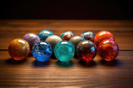 colorful glass marbles on a wooden surface, created with generative aiの素材