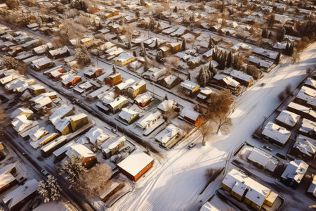 aerial view of unplowed suburban streets after snowfall, created with generative aiの素材