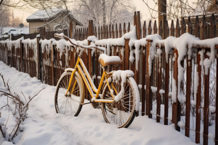 snow-covered bicycle leaning against a fence, created with generative aiの素材