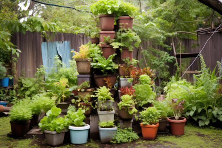 variety of edible plants growing in stacked containers, created with generative aiの素材