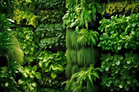 lush green wall of plants in a vertical farming system, created with generative aiの素材