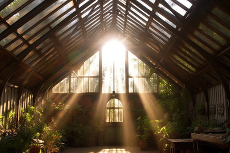 sun rays shining through glass roof of a victorian greenhouse, created with generative aiの素材