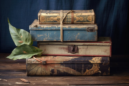 vintage cigar boxes and aged tobacco leaves, created with generative aiの素材