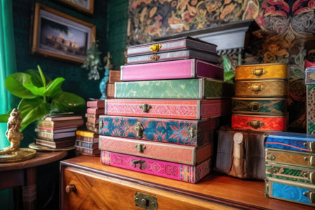 stack of colorful vintage cigar boxes on a shelf, created with generative aiの素材
