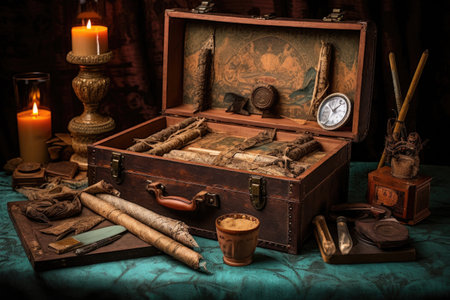 open vintage cigar box displaying aged cigars, created with generative aiの素材