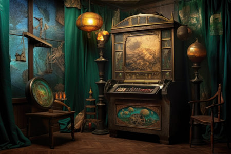 classic mechanical fortune teller machine with mystical backdrop, created with generative aiの素材