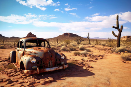 rusty old route 66 sign against a desert backdrop, created with generative aiの素材