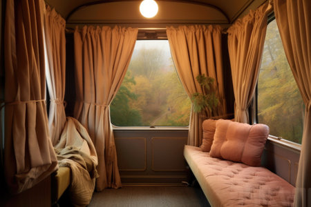 classic train compartment with sliding door and curtains, created with generative aiの素材