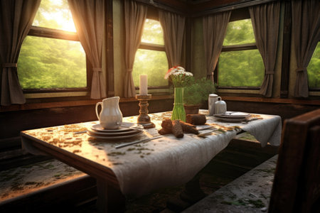 train dining car with rustic table setting, created with generative aiの素材