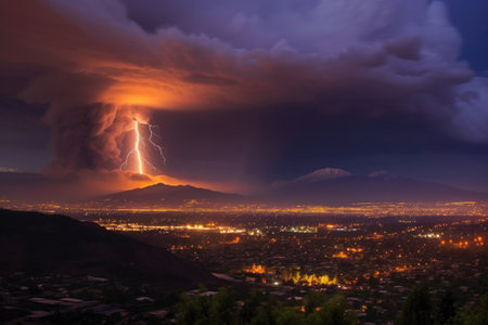 lightning illuminating ash plume from a volcano, created with generative aiの素材