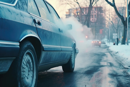 close-up of car exhaust emitting steam on cold day, created with generative aiの素材