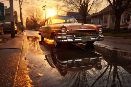 reflection of sun in old cars wet surface, created with generative aiの素材