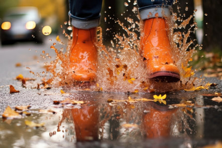 close-up of rain boots splashing in a puddle, created with generative aiの素材