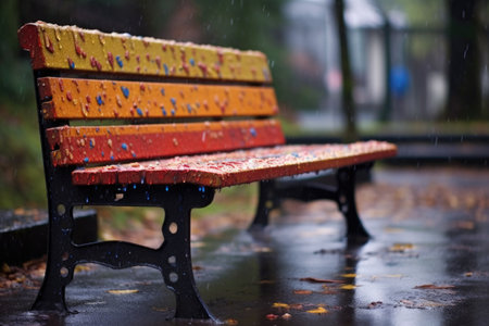 raindrops falling on freshly painted bench, created with generative aiの素材