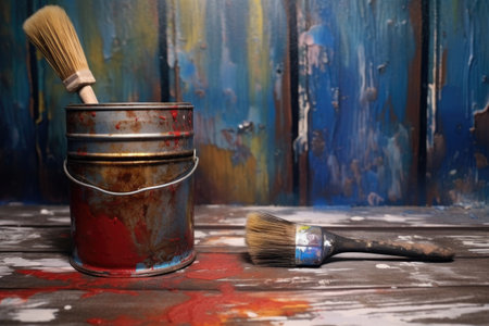 close-up of paint can and brush next to wet bench, created with generative aiの素材