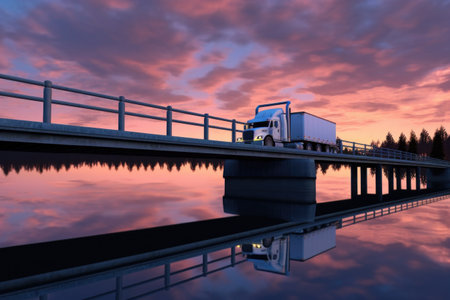 white semi-truck driving on a bridge over calm water at dusk, created with generative aiの素材