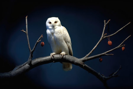 snowy white albino owl perched on a moonlit branch, created with generative aiの素材