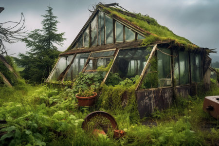 wind-toppled greenhouse with a gloomy, stormy background, created with generative aiの素材